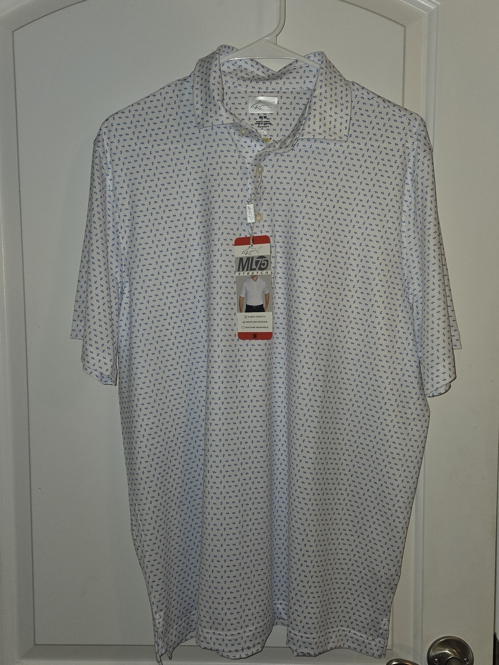 Greg Norman Collection White Polo with Micro Blue Print